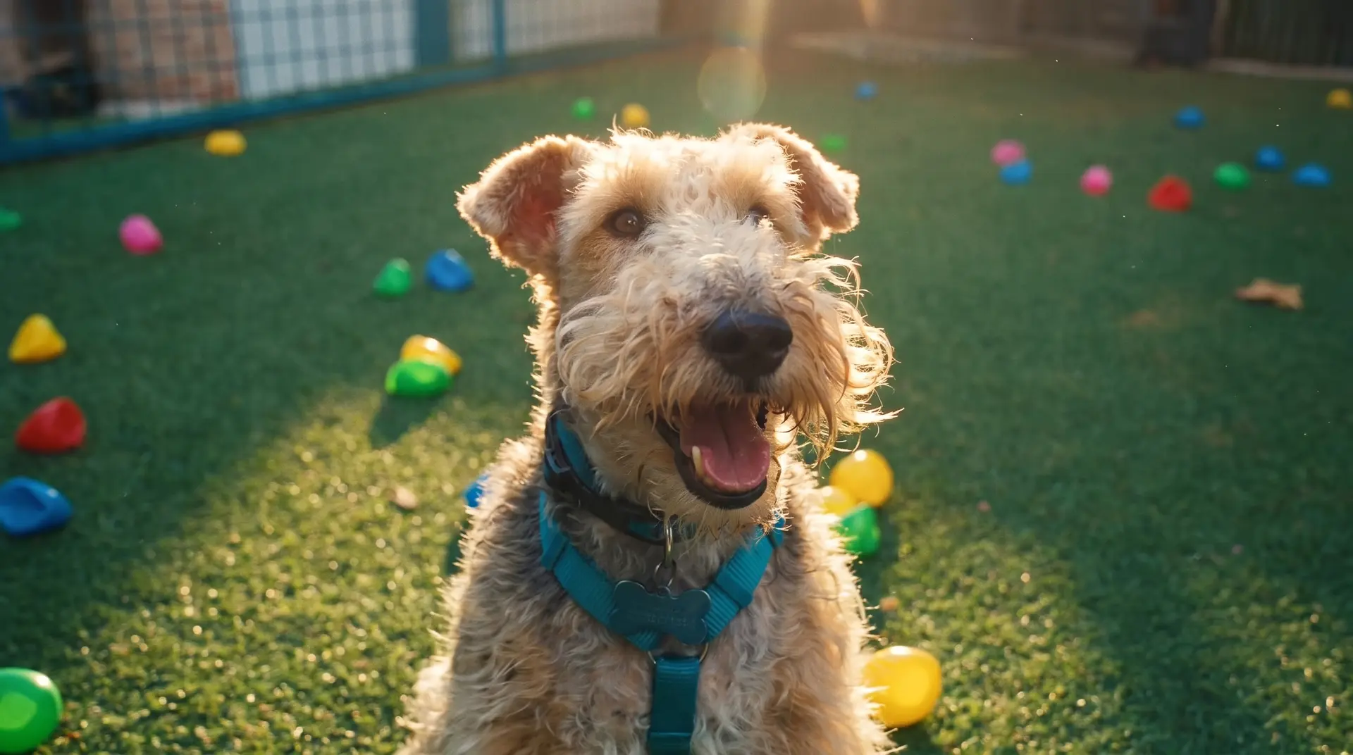 Perrito jugando entre juguetes de colores